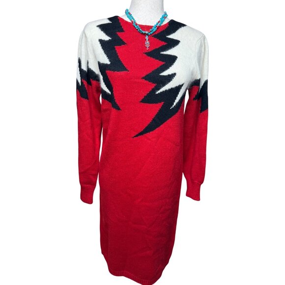 VTG Yarnworks Petite S Red White Lightning Bolt Sweater Dress Lambswool read y2k - Picture 1 of 12